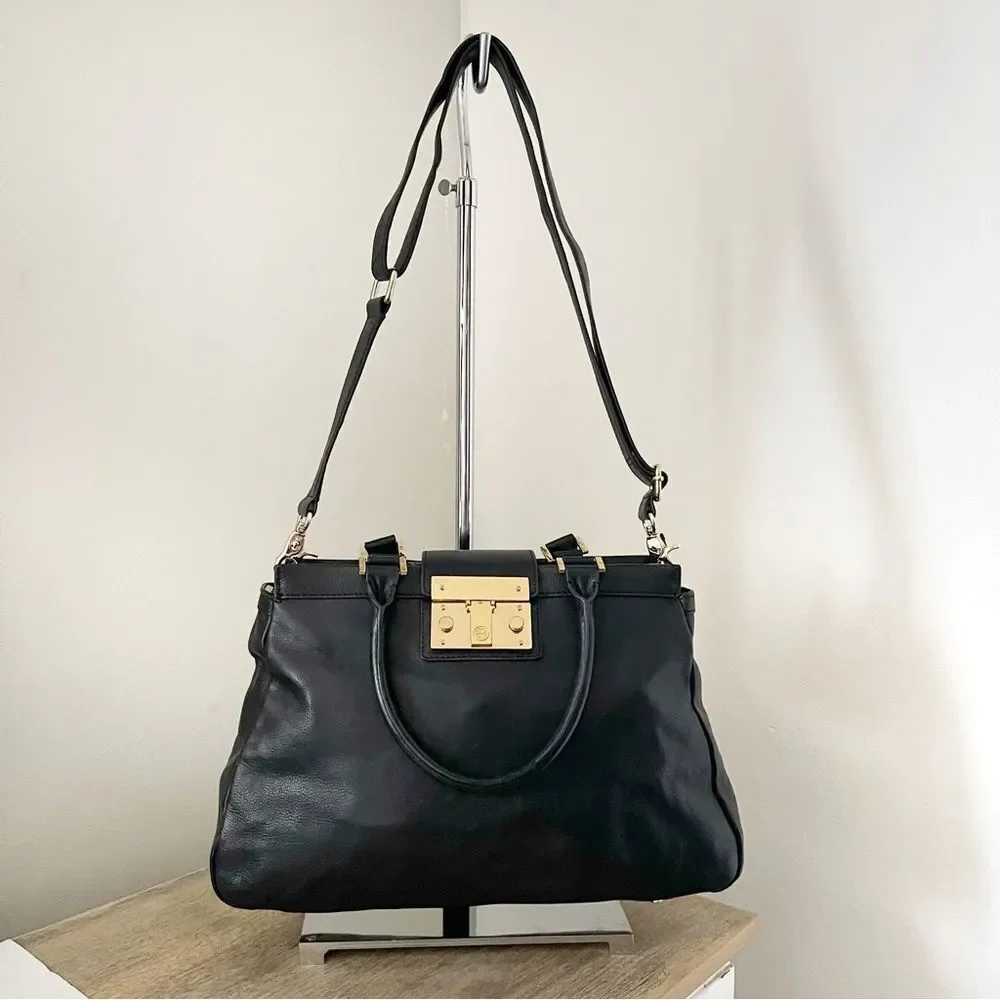 Tory Burch Black Holland Satchel Handbag Leather preowned